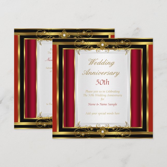 50. Hochzeitstag Red Gold Schwarz-weiß Einladung (Vorne/Hinten)