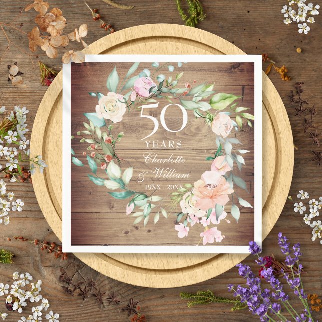 50. Hochzeitstag Rustikale Rose Holz Blüte Serviette (50th Wedding Anniversary Rustic Wood Rose Floral Napkins)