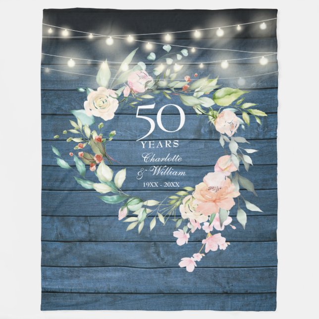 50. Hochzeitstag Rustikales blaues Wood Floral Fleecedecke (Vorderseite)