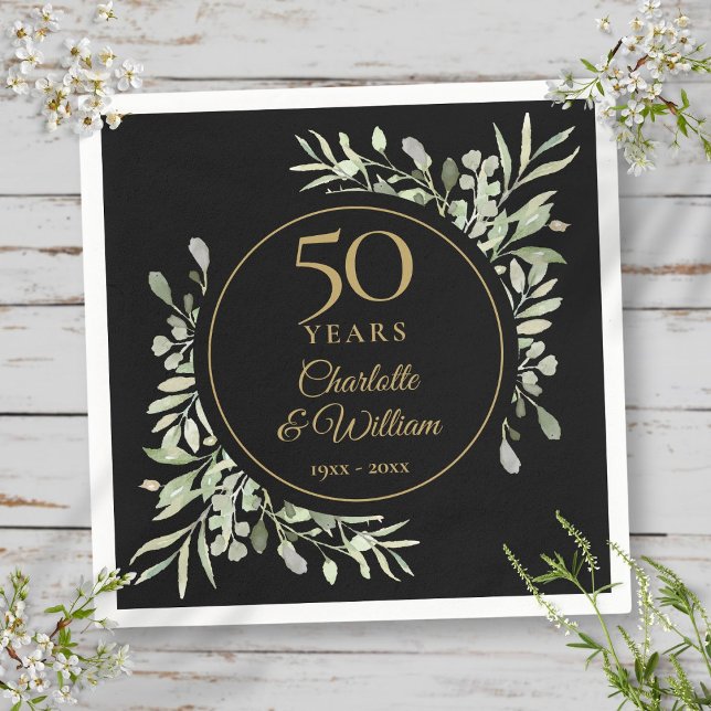 50. Hochzeitstag Schwarz-Gold-Grün Serviette (50th Wedding Anniversary Black And Gold Greenery Napkins)