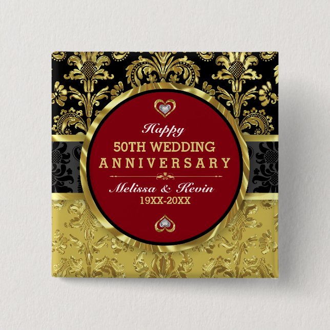50. Hochzeitstag Schwarzes Gold & Rot Button (Vorderseite)