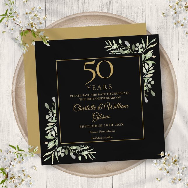 50. Hochzeitstag Schwarzes Gold Square Save The Date (50th Wedding Anniversary Foliage Black Gold Square Save The Date)