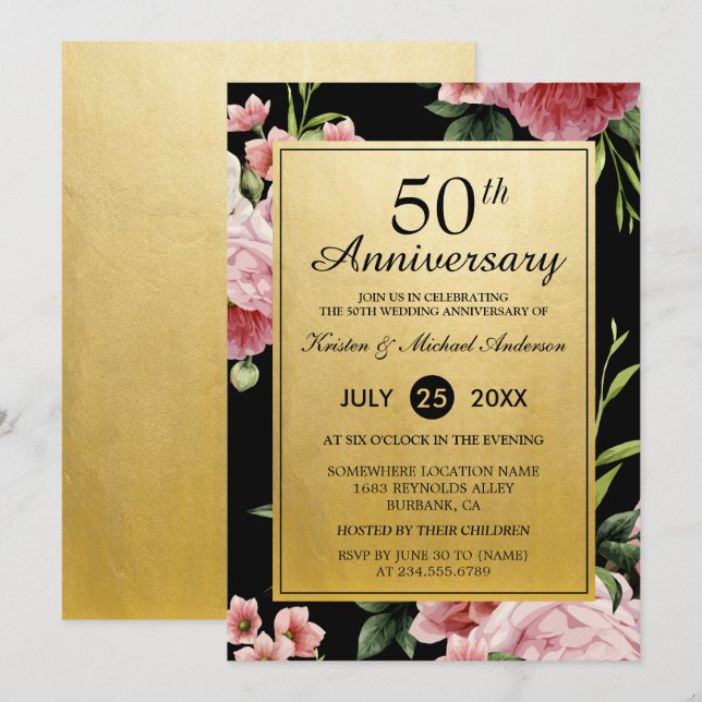 50. Hochzeitstag Schwarzes Gold Vintage Blüte Einladung (Vorne/Hinten)