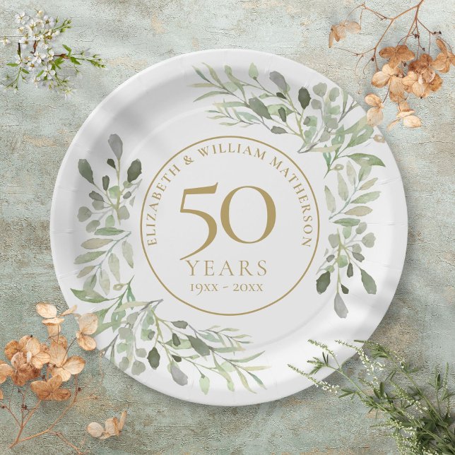 50. Hochzeitstag Wasserfarbenwelt Pappteller (50th Wedding Anniversary Watercolor Greenery Paper Plates)