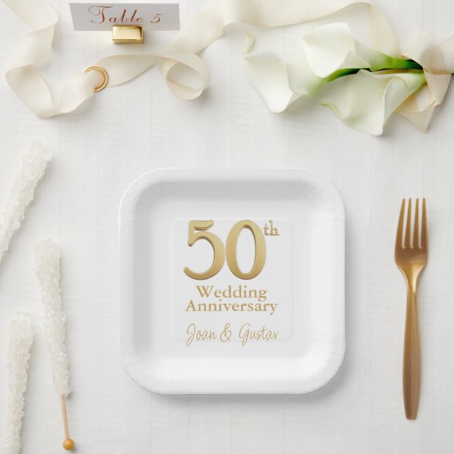 50. Hochzeitstag | Weiß und Gold Pappteller (Hochzeit)