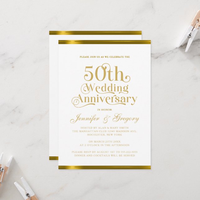 50. Hochzeitstag Weißgoldtypografie Einladung (Vorderseite/Rückseite Beispiel)
