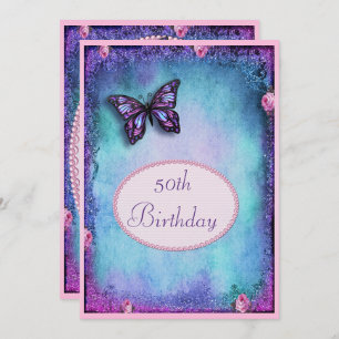 50. Imitat Glitzer, Schmetterling, Rose & Spitzen Einladung
