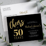 50 Jahre 50. Geburtstagsfeier Einladungspostkarte<br><div class="desc">Elegante trendige Imitate Gold fett und schwarz Handschrift Drehbuch jubelt zu 50 Jahren günstigen Geburtstag Party Einladung Postcard.</div>