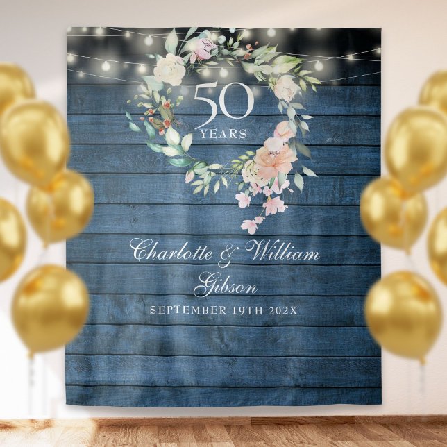 50 Jahre blauer römischer Foto Hintergrund Wandteppich (50th Anniversary Blue Rustic Floral Photo Backdrop)