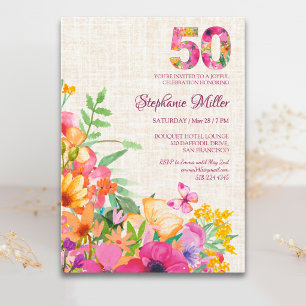 50 Jahre Blumen Florale Leinen 50. Geburtstag Einladung