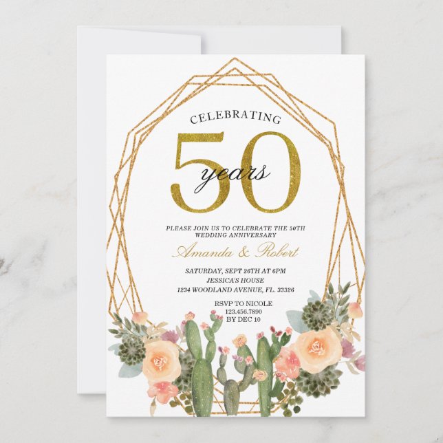 50 Jahre Blumenkaktus Goldener Hochzeitstag Einladung (Vorderseite)