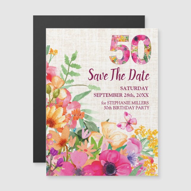 50 Jahre Blumenwäsche 50. Geburtstag Save the Date Magneteinladung (Vorne/Hinten)
