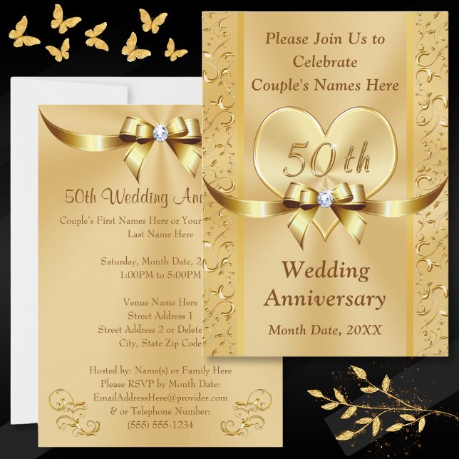 50 Jahre Einladungskarten zum Hochzeitstag Gold (Personalized 50th Wedding Anniversary Invitations. Golden anniversary invitations, with Gold Heart. )