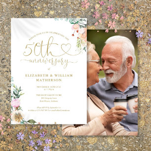 50 Jahre Gold Heart Floral Foto Einladung