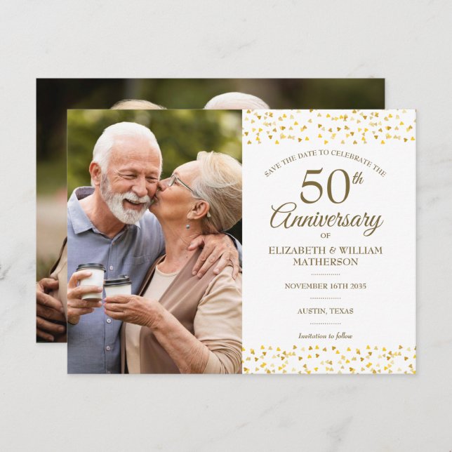 50 Jahre Gold Hearts Save the Date 2 Foto Ankündigungspostkarte (Vorne/Hinten)