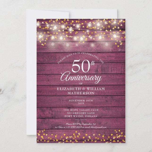 50 Jahre Gold Hearts String Lights Rustikal Einladung (Vorderseite)