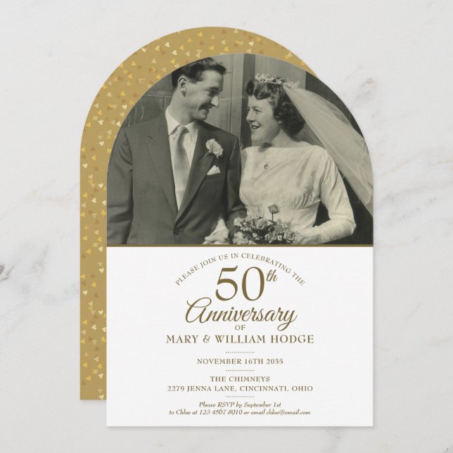 50 Jahre Gold Hearts Wedding Foto Arch Einladung (Vorne/Hinten)
