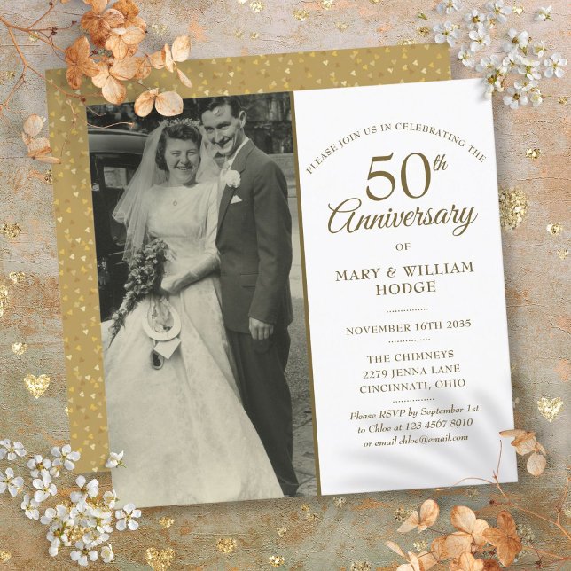 50 Jahre Gold Hearts Wedding Foto Square Einladung (50th Anniversary Gold Hearts Wedding Photo Square Invitation)