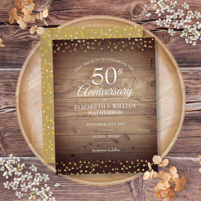50 Jahre Gold Hört rustikal Save the Date Ankündigungspostkarte (50th Anniversary Gold Hearts Rustic Save the Date Announcement Postcard)