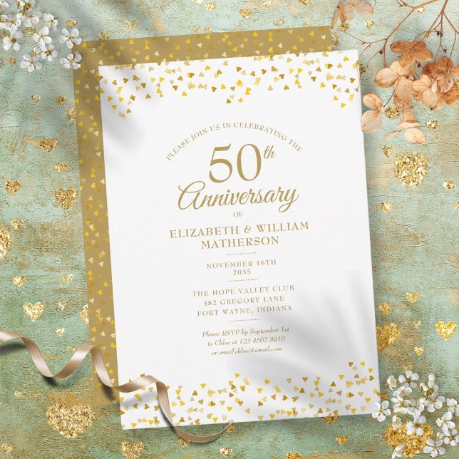 50 Jahre Goldene Liebe Herz Einladung (50th Anniversary Golden Love Hearts Invitation)