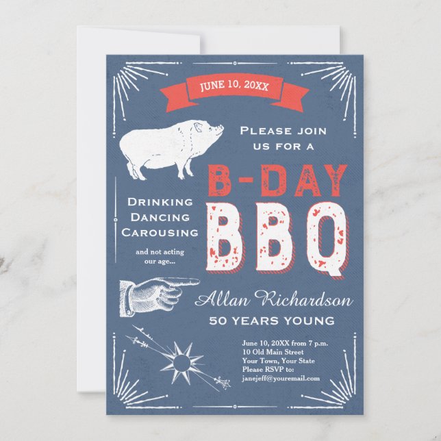 50 Jahre junges Retro Red White and Blue GRILLEN P Einladung (Vorderseite)