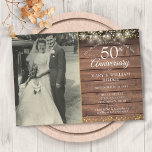 50 Jahre Rustikales Gold Hearts Wedding Foto Einladung<br><div class="desc">Mit Saitenlichtern und zarter goldener Liebe sorgen die Herzen für Konfetti auf rustikalem Holzfußboden. Personalisieren Sie Ihre Lieblings-Hochzeitsfeier mit Ihrem besonderen 50. goldenen Hochzeitsjubiläum Details in eleganter Typografie. Entwickelt von Thisisnotme©</div>