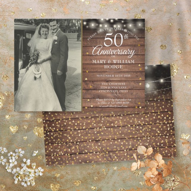 50 Jahre Rustikales Gold Hearts Wedding Foto Einladung (50th Anniversary Rustic Gold Hearts Wedding Photo Invitation)