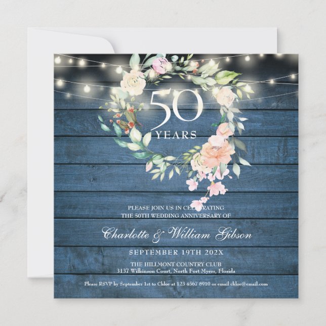 50 Jahre String Lights Floral Blue Rustic Einladung (Vorderseite)