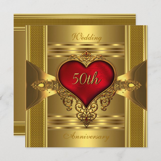 50 Jahre Verziert Red Jeweled Heart Gold 2 Einladung (Vorne/Hinten)