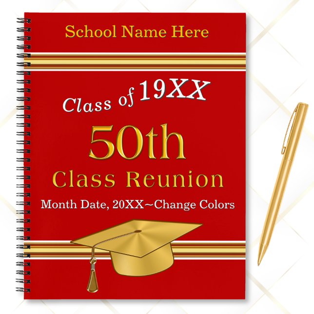 50 Jahre Wiedersehen Ideas, Customizable Deluxe Notizbuch (50th Class Reunion Party Supplies. 50 year reunion sign up book. Red personalized deluxe notebook.)