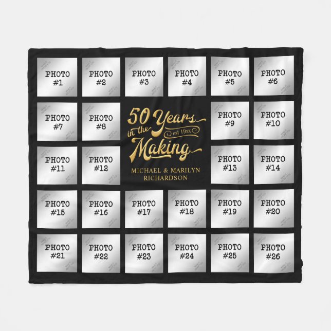 50. Jahrestag Foto Collage Black Gold Name Fleecedecke (Vorderseite (Horizontal))