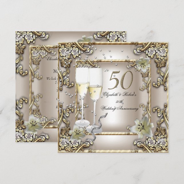 50. Jahrestag Hochzeit Creme Gold Lily Einladung (Vorne/Hinten)