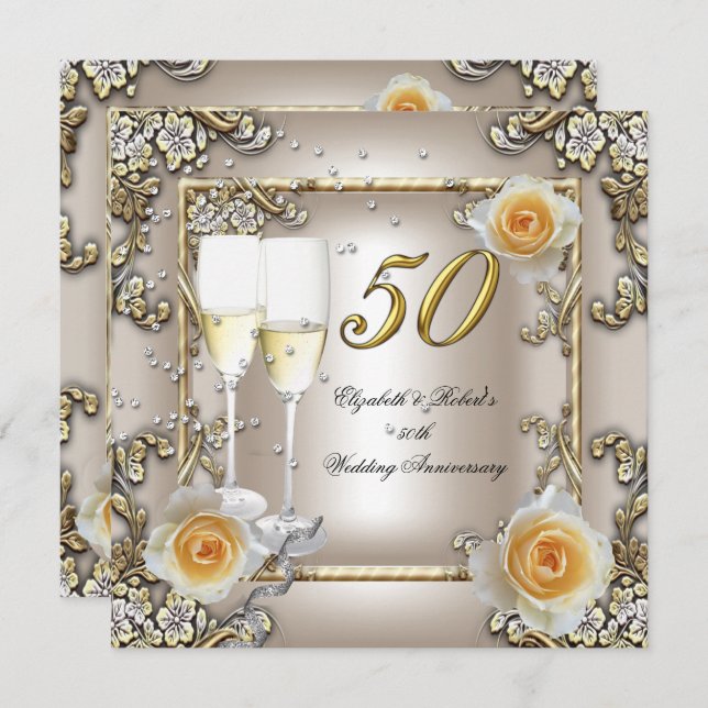 50. Jahrestag Hochzeit Creme Gold Rose Silver Einladung (Vorne/Hinten)