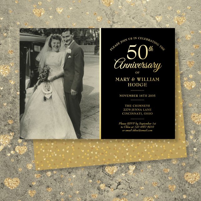 50. Jahrestag Hochzeit Foto Black and Gold Folieneinladung (50th Anniversary Wedding Photo Black And Gold Foil Invitation)