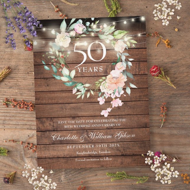 50. Jahrestag Save the Date rustikale Blüte Ankündigungspostkarte (50th Anniversary Save the Date Rustic Floral Announcement Postcard)