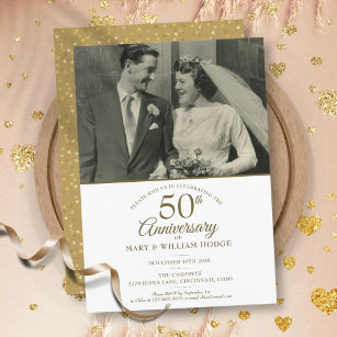 50-jähriges Gold Heart Confetti Wedding Foto Einladung