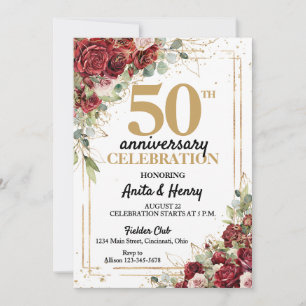 50-jähriges Jubiläum Deep Red & Gold Frame Rose Einladung