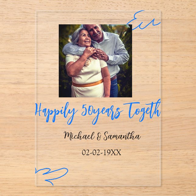 50-jähriges Jubiläum mit Namen für blaues Foto Acryleinladungen (Vorderseite)