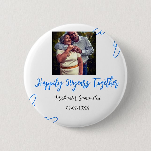 50-jähriges Jubiläum mit Namen für blaues Foto Button (Vorderseite)