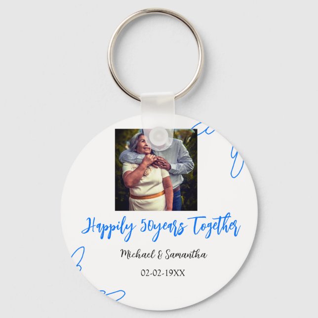 50-jähriges Jubiläum mit Namen für blaues Foto Schlüsselanhänger (Vorderseite)