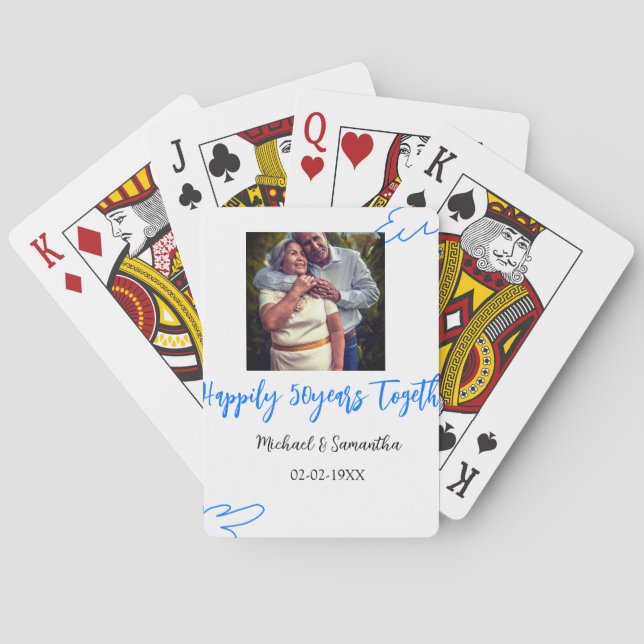 50-jähriges Jubiläum mit Namen für blaues Foto Spielkarten (Rückseite)