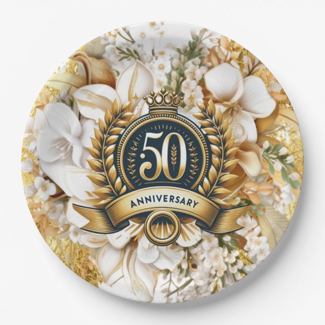 50-jähriges Jubiläum von White and Gold Floral Pappteller (Vorderseite)