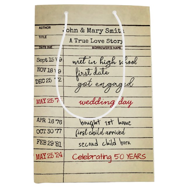 50-jähriges Retro Library Card Mittlere Geschenktüte (Vorderseite)