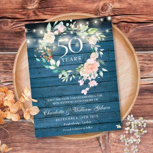 50. Jubiläum Blau Rustikale Florale Speichern Sie Postkarte