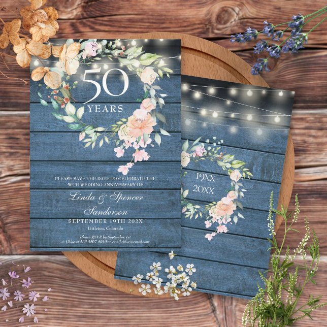 50. Jubiläum Blaue Rustikale Blumenstrauß Save The Date (Von Creator hochgeladen)