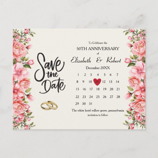 50. Jubiläum Blumenkalender Datum Ankündigungspostkarte (Vorderseite)