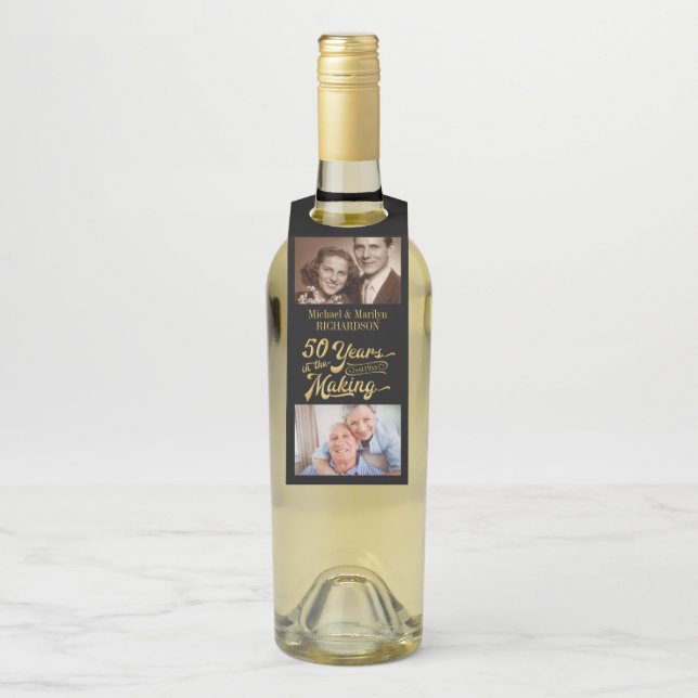 50. Jubiläum Dann und Jetzt Fotos Black & Gold Flaschenanhänger (Auf Flasche)