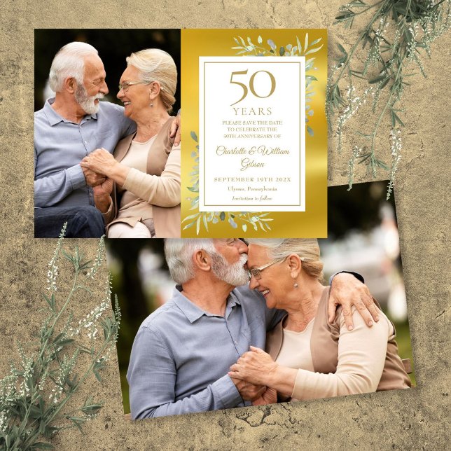 50. Jubiläum der goldenen Hochzeit 2 Fotos Save The Date (50th Golden Wedding Anniversary Greenery 2 Photos Save The Date)
