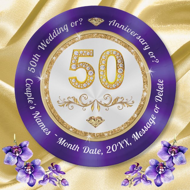 50. Jubiläum Dessert-Teller oder Dinner 20 cm, Pappteller (50th wedding anniversary paper plates. Golden anniversary party supplies. Purple 50th anniversary.)