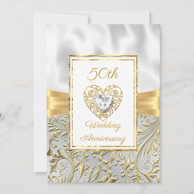 50. Jubiläum Diamant Heart Gold Bow Floral Einladung (Vorderseite)
